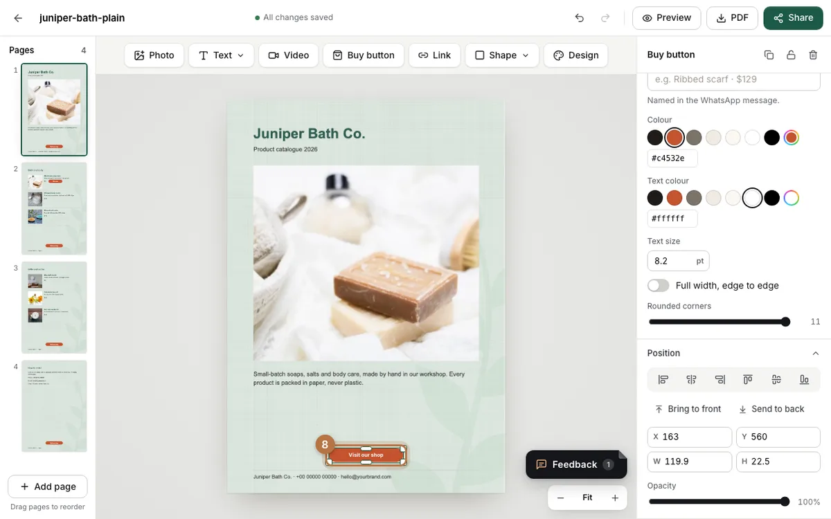 The Visit our shop button moved up above the footer of the cover, with Y set to 560