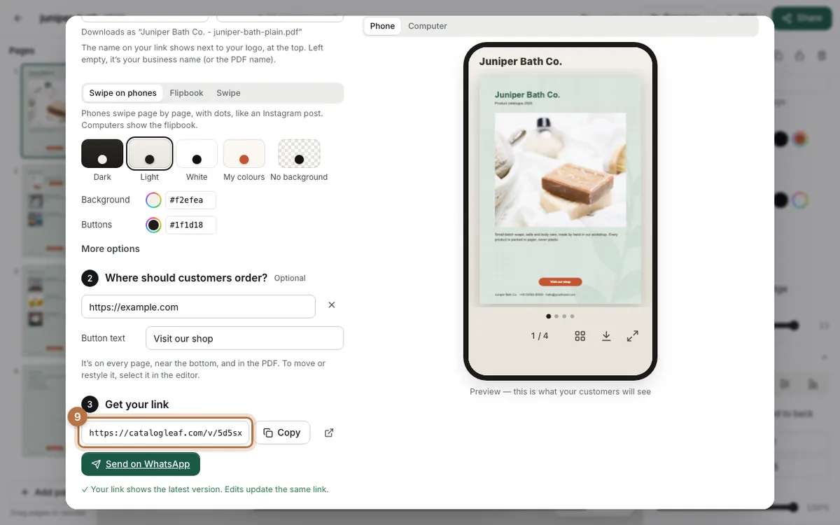 The Share window with the new catalogleaf.com link, a Copy button and Send on WhatsApp