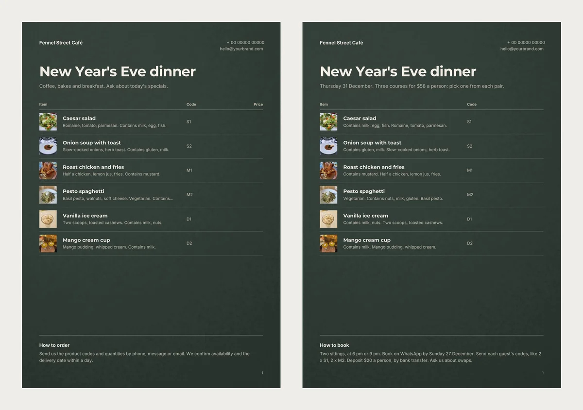 The same dark green menu twice. Left, as first made: a sample line about coffee and breakfast, an empty Price column, a pesto line cut off after the word Contains, and a How to order note about delivery. Right, finished: the date and set price, no Price column, allergens at the start of every line, and a How to book note