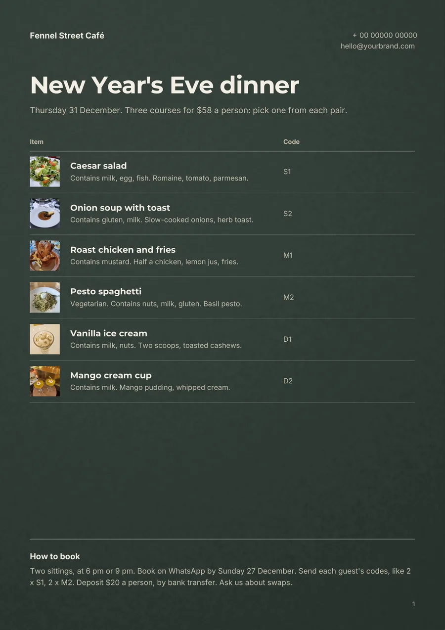 A one-page New Year's Eve dinner menu for a sample café, Fennel Street Café, on a dark green background: a line with the date and a $58 set price, six dishes with small photos, allergens and codes S1 to D2, and a How to book note with two sittings, a WhatsApp booking date, a deposit and swaps