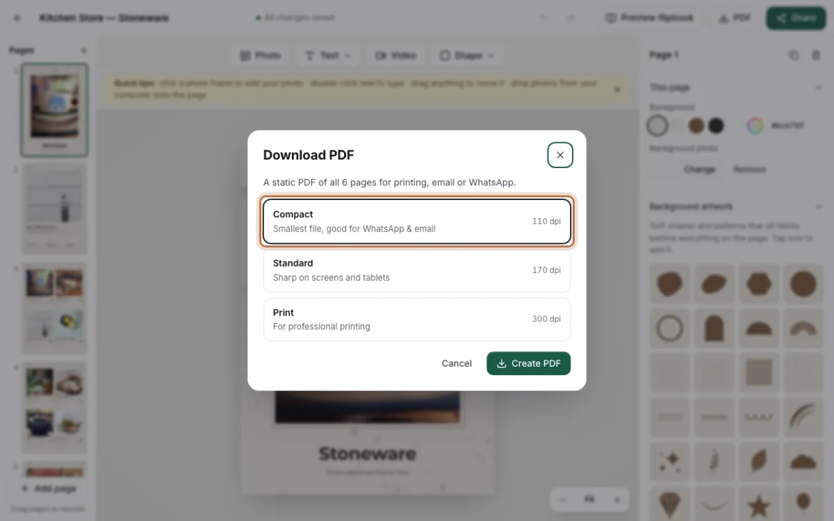 The Download PDF window in CatalogLeaf with three choices, Compact, Standard and Print, and the Compact choice highlighted