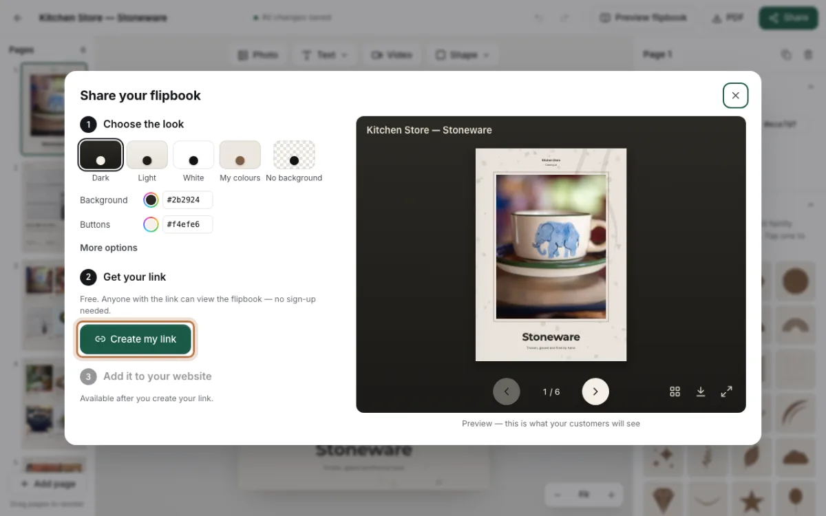 The Share your flipbook window with look choices, the Create my link button highlighted, and a preview of a kitchenware catalogue cover with a teacup