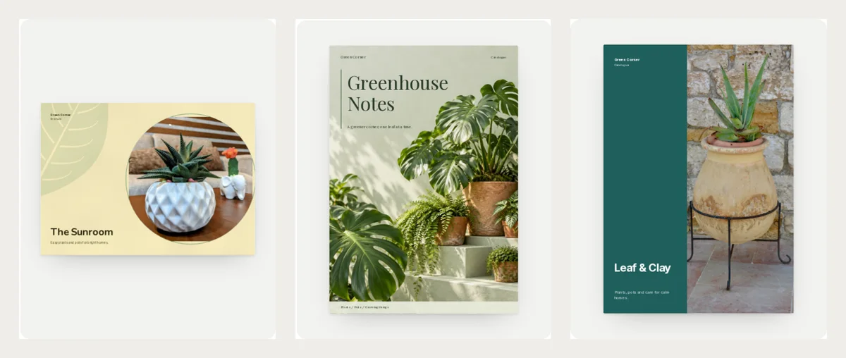 Three finished plant brochure and catalogue covers: The Sunroom with a white pot of haworthia on a table, Greenhouse Notes with monstera and ferns on steps, and Leaf & Clay with an aloe in a clay jar