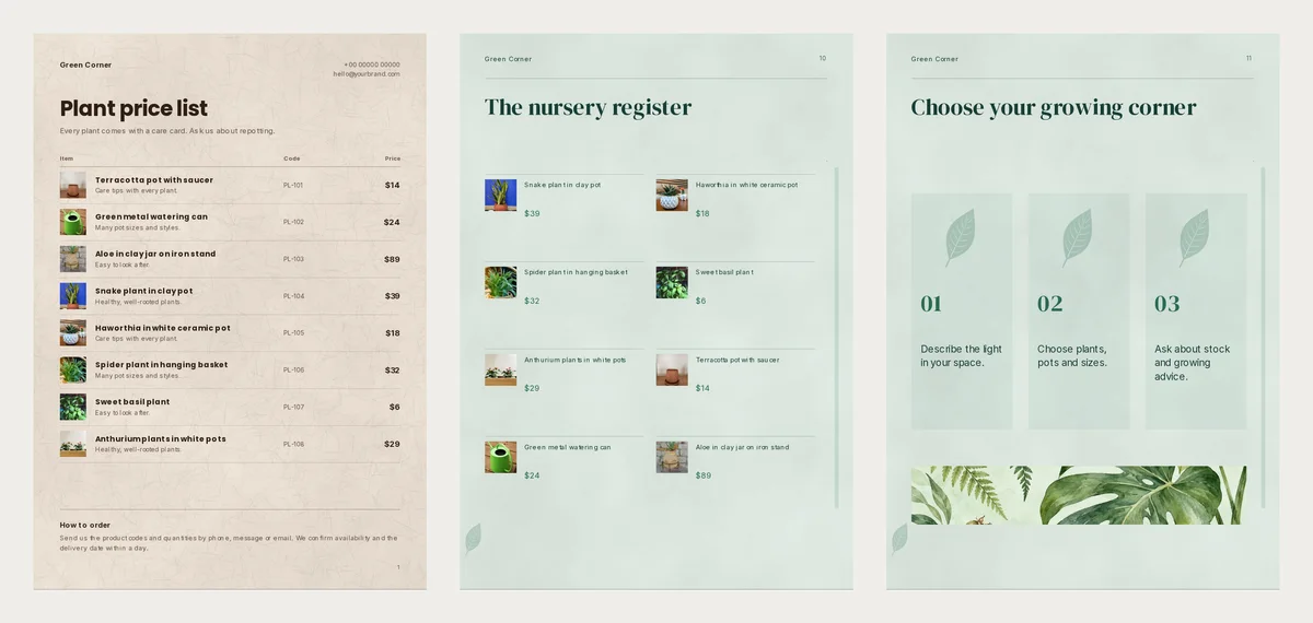 A plant price list page with codes and prices, and two Fern House pages: a nursery register with prices and a three-step page called Choose your growing corner
