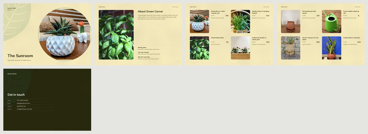 All five pages of The Sunroom plant brochure: a round photo cover, an about page, two pages of plants with codes and prices, and a dark contact page
