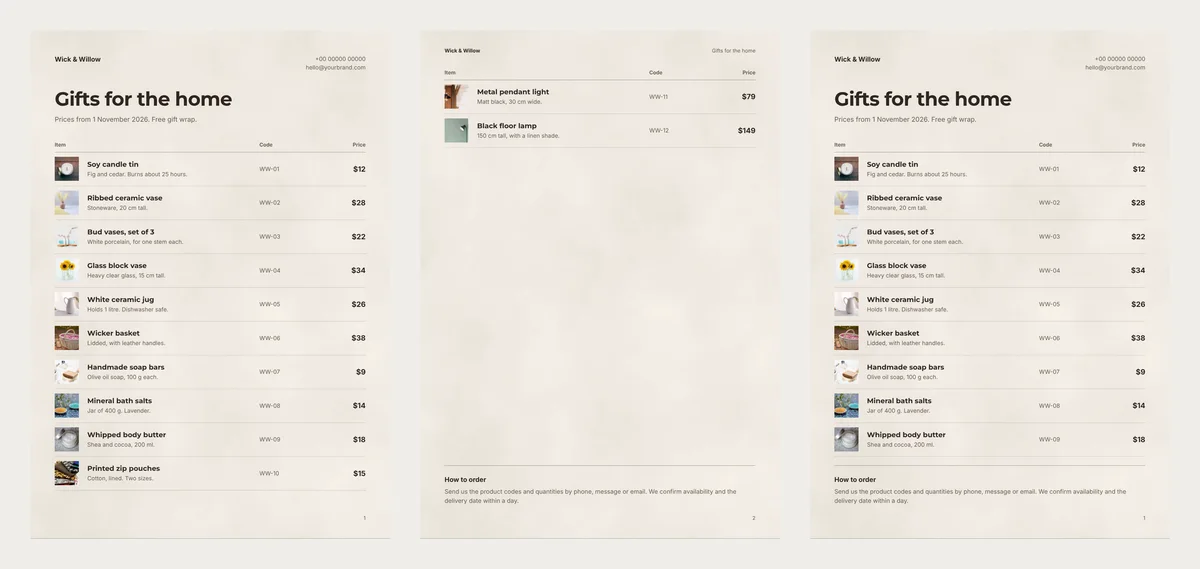 Three price list pages. Left and middle: twelve items, with ten rows on page 1 and only two lamps on page 2. Right: nine items on a single page that ends with the How to order note