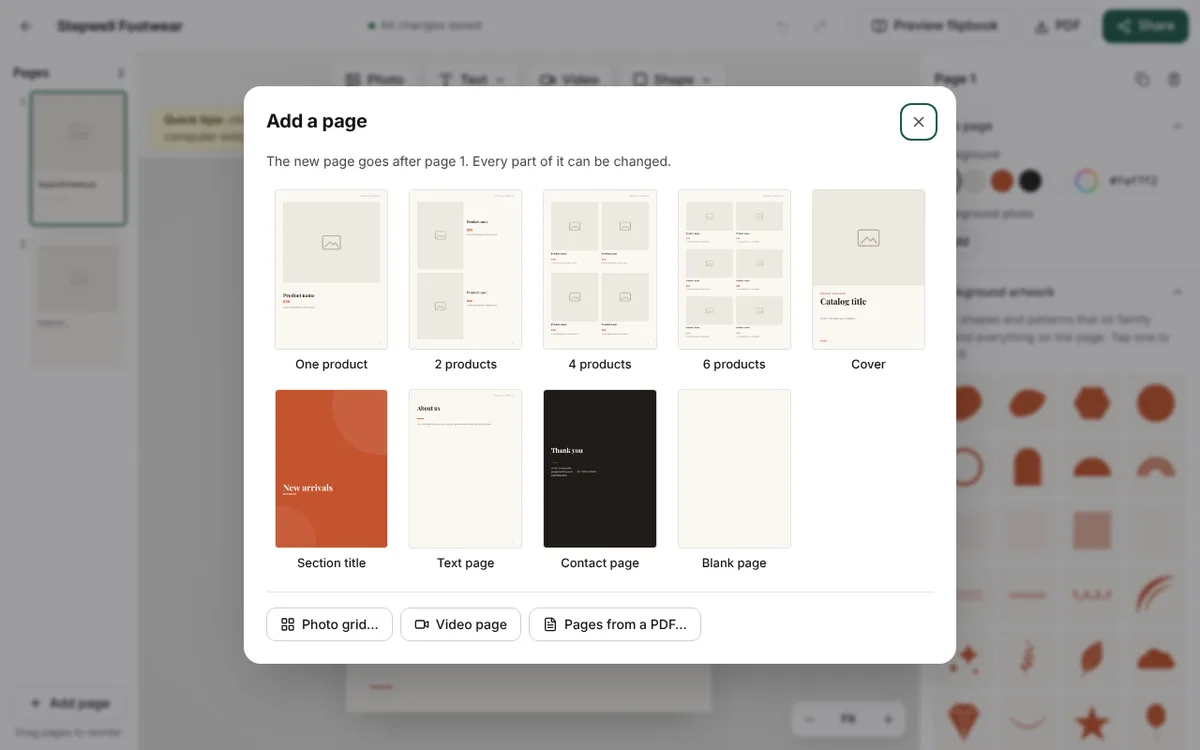 The Add a page window in the CatalogLeaf editor, showing One product, 2 products, 4 products, 6 products, Cover, Section title, Text page, Contact page and Blank page, with Photo grid, Video page and Pages from a PDF below