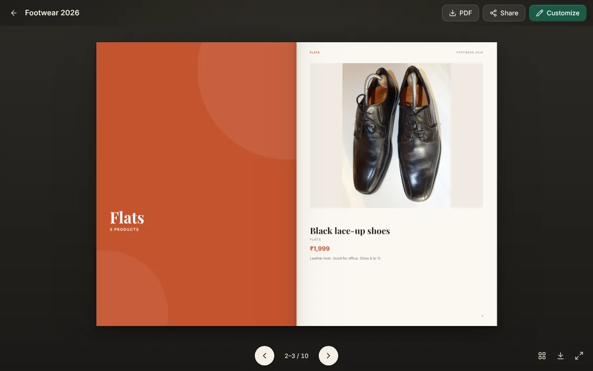 A flipbook spread with an orange section page titled Heels on the left and, on the right, a product page for black lace-up shoes with a price and a short line