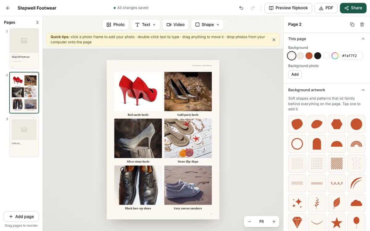 A catalog page with six shoe photos in two columns, red heels, gold heels, silver heels, straw flip-flops, black lace-ups and grey sneakers, each with its name below
