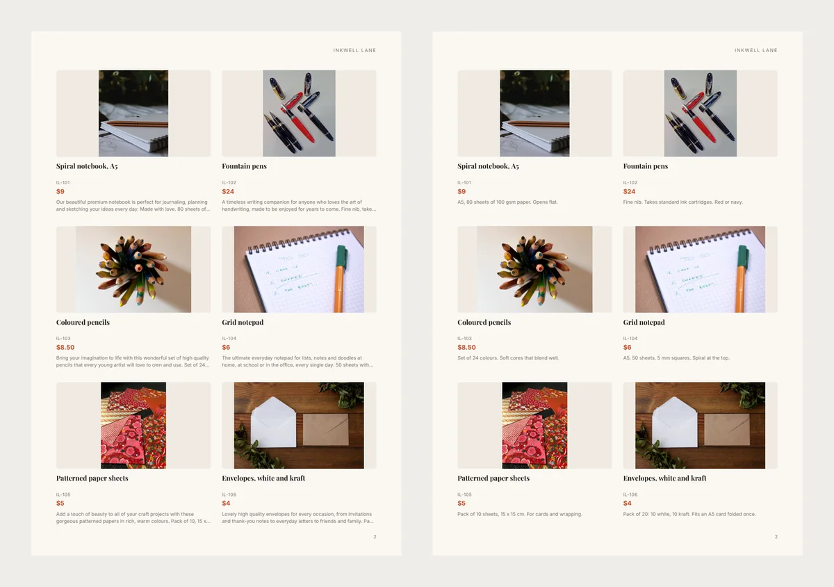 The same catalogue page of six stationery products twice. Left: long descriptions that end in three dots, so pack sizes and sheet counts are lost. Right: short lines such as 'A5, 80 sheets of 100 gsm paper. Opens flat.' shown in full
