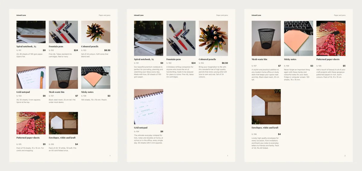 Three catalogue pages. Left: eight stationery products with one-line descriptions on a single page. Middle and right: the same eight products with long descriptions, four on each page with larger photos