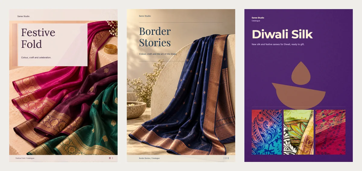 Three finished saree catalogue covers: Festive Fold with folded magenta, plum and green silk sarees, Border Stories with a navy silk saree over a stone arch, and Diwali Silk in deep purple with a diya and three photos
