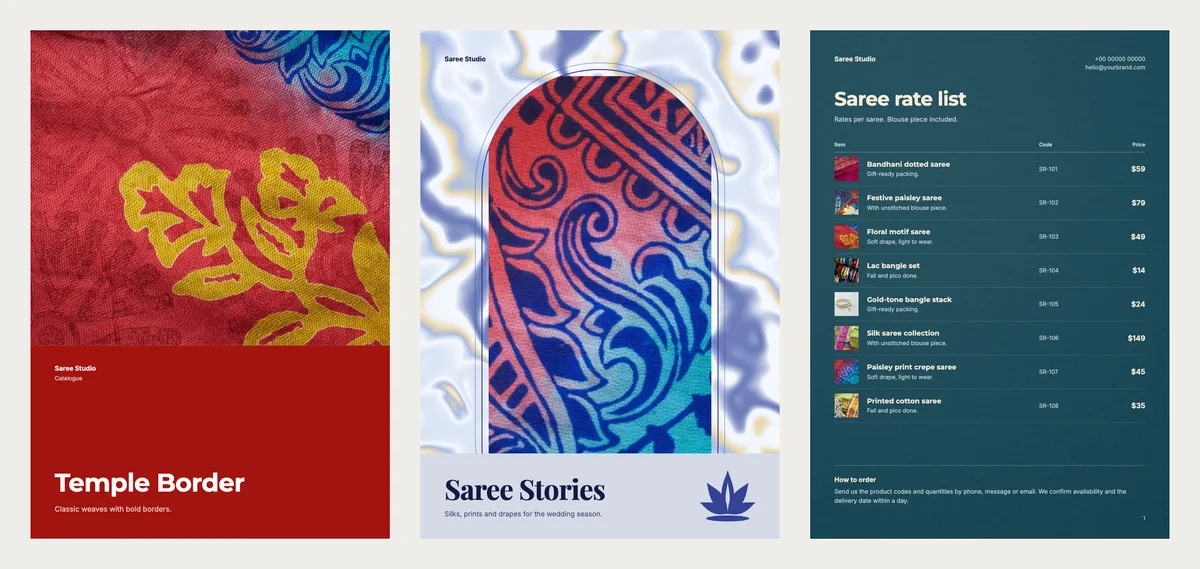 Three more saree designs: Temple Border with a red cover and a bold band, the Lotus Arch lookbook in pale blue with an arch photo, and the Peacock rate list in deep blue