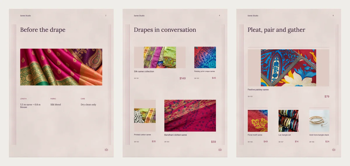 Three inside pages of Festive Fold: length, fabric and care notes under a silk photo, a page of four sarees with codes and prices, and a saree shown with bangles to match