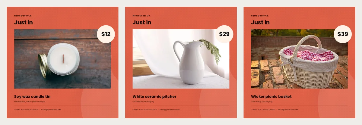 Three finished orange flyers for a home decor shop: a soy wax candle tin at $12, a white ceramic pitcher at $29 and a wicker picnic basket at $39, each with a round price badge