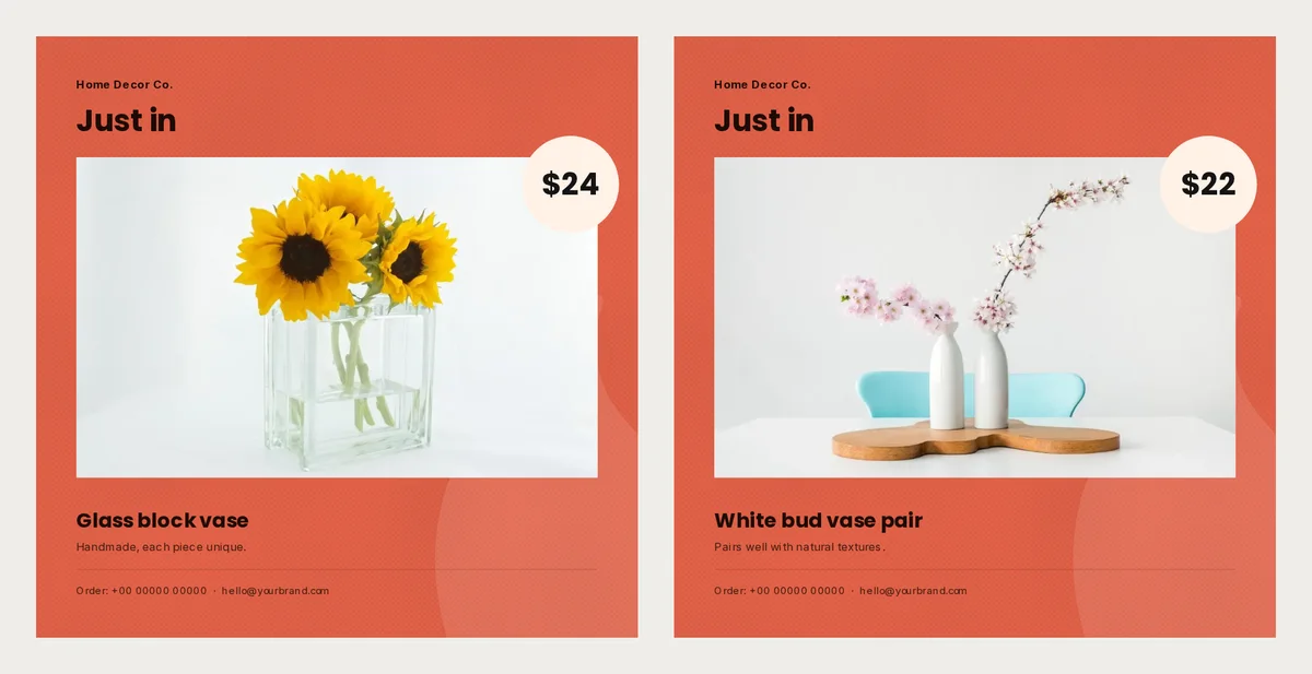 Two more finished flyers: a glass block vase with sunflowers at $24 and a pair of white bud vases at $22