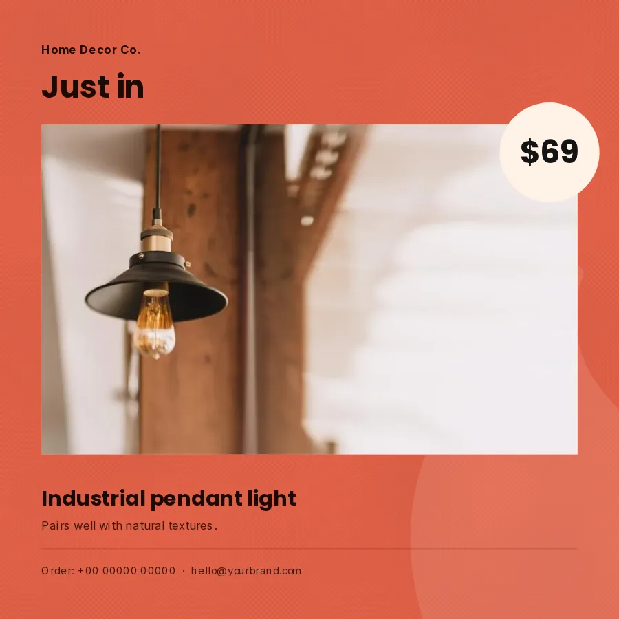 One finished square flyer: an industrial pendant light at $69 in a round price badge, with the shop name at the top and a contact line at the bottom