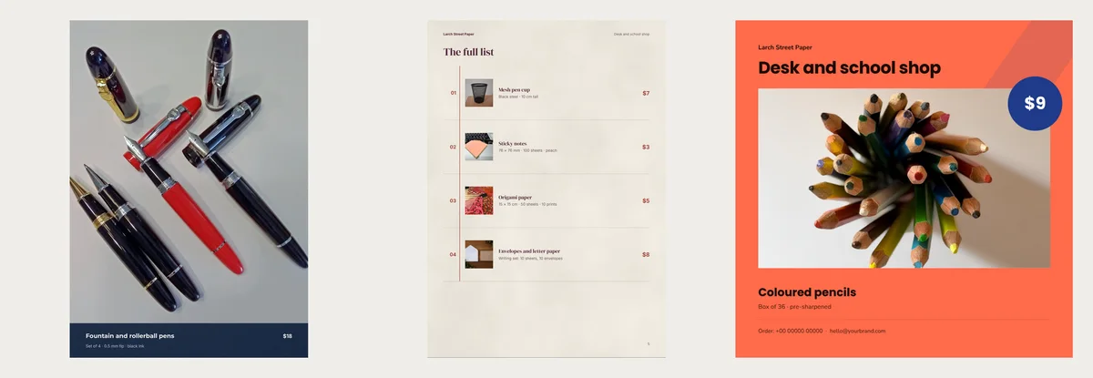 Three pages with no product codes: a full-page photo of fountain pens in the Midnight Ink lookbook, a Paper Atelier page called The full list with four items and prices, and an orange Back to School flyer for coloured pencils with a $9 badge