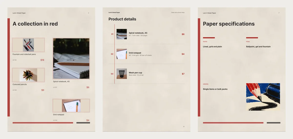 Three Red Pencil Press pages: a grid page with four items showing only name, code and price, a Product details page where the pack line appears under each item, and a Paper specifications page that still says Lined, grid and plain, Ballpoint, gel and fountain, and Single items or bulk packs