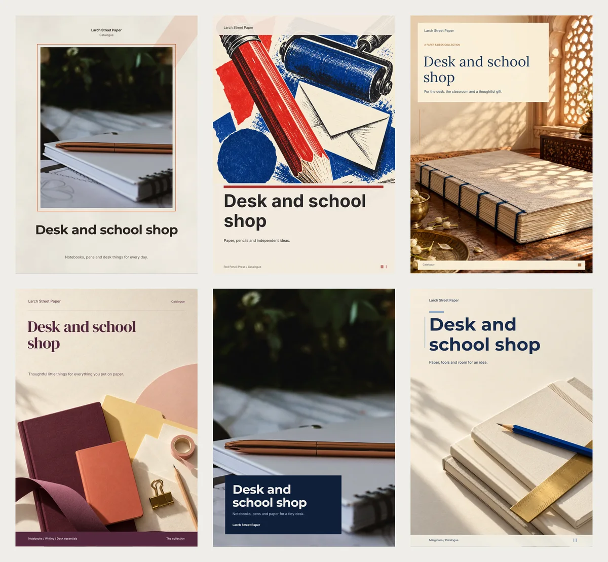 Six finished covers for a sample shop called Larch Street Paper, all titled Desk and school shop: Paper Trail with a notebook photo, Red Pencil Press with a drawn red pencil and envelope, Paper & Purpose with a bound ledger, Paper Atelier with plum notebooks, the Midnight Ink lookbook with a navy title box, and Marginalia with notebooks and a brass ruler