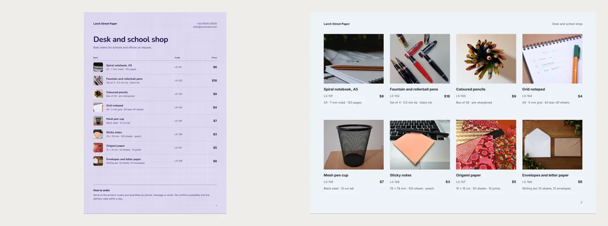 Two pages for the same eight products. Left: the lilac Lilac Notes price list with a photo, a short line, a code from LS-101 to LS-108 and a price on each row. Right: the second page of the Office Supply line sheet, with eight photos in a grid and a code, price and line under each