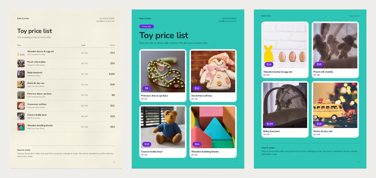 Two toy price lists: Toy Box with eight toys in rows with codes and prices on one page, and Picture Tiles with big photos and purple price tags over two teal pages