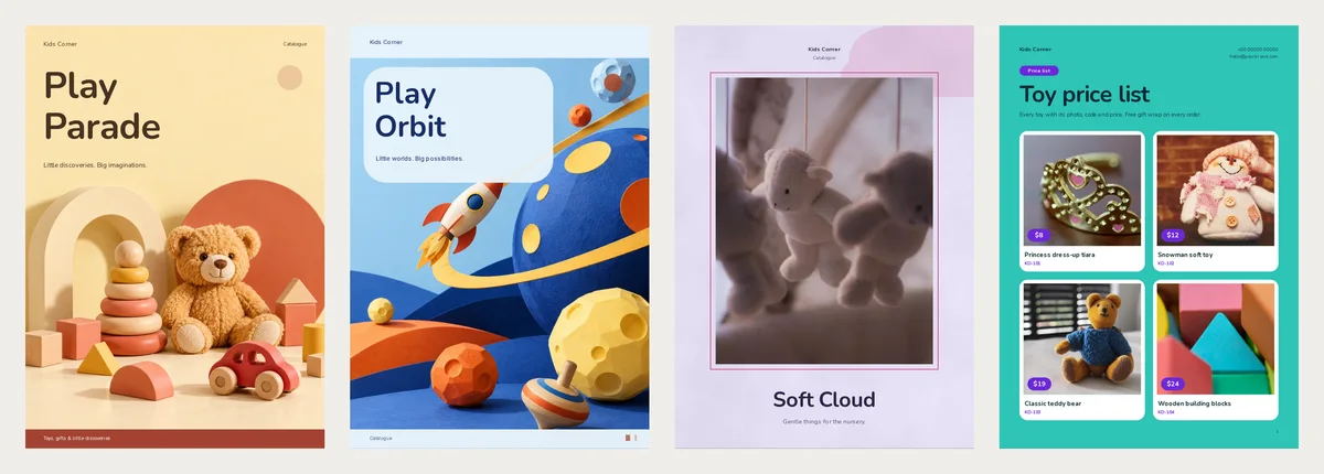 Four finished toy shop covers: Play Parade with a teddy bear and wooden toys, Play Orbit with a paper rocket and planets, Soft Cloud with a plush crib mobile, and the teal Picture Tiles price list