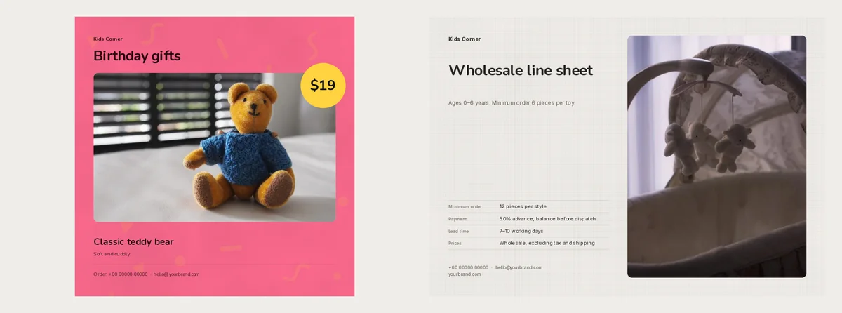 A pink square Birthday gifts flyer for a classic teddy bear at $19, next to the cover of a wholesale line sheet with minimum order, payment and lead time