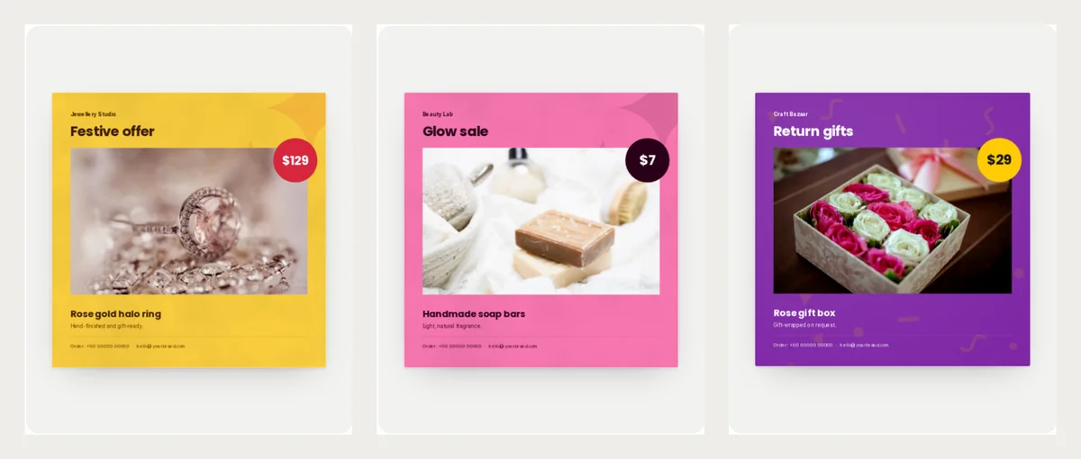 Three finished square flyers side by side: a yellow flyer with a rose gold halo ring at $129, a pink Glow sale flyer with handmade soap bars at $7, and a purple Return gifts flyer with a box of pink and white roses at $29