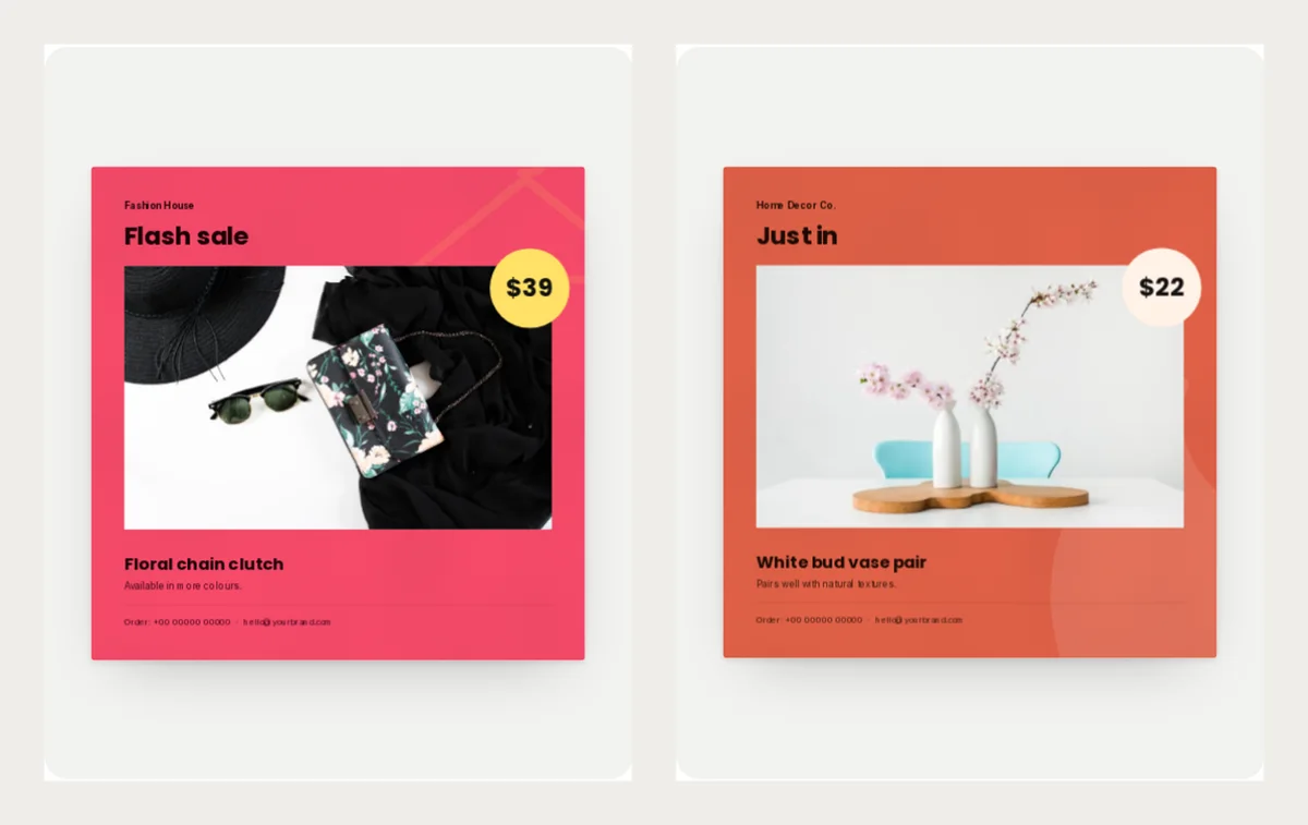 Two finished flyers: a pink Flash sale flyer with a floral chain clutch at $39, and an orange Just in flyer with a white bud vase pair holding pink blossoms at $22