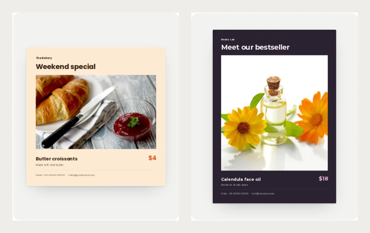 Two finished flyers: a cream Weekend special flyer with butter croissants at $4, and a dark Meet our bestseller flyer with calendula face oil at $18