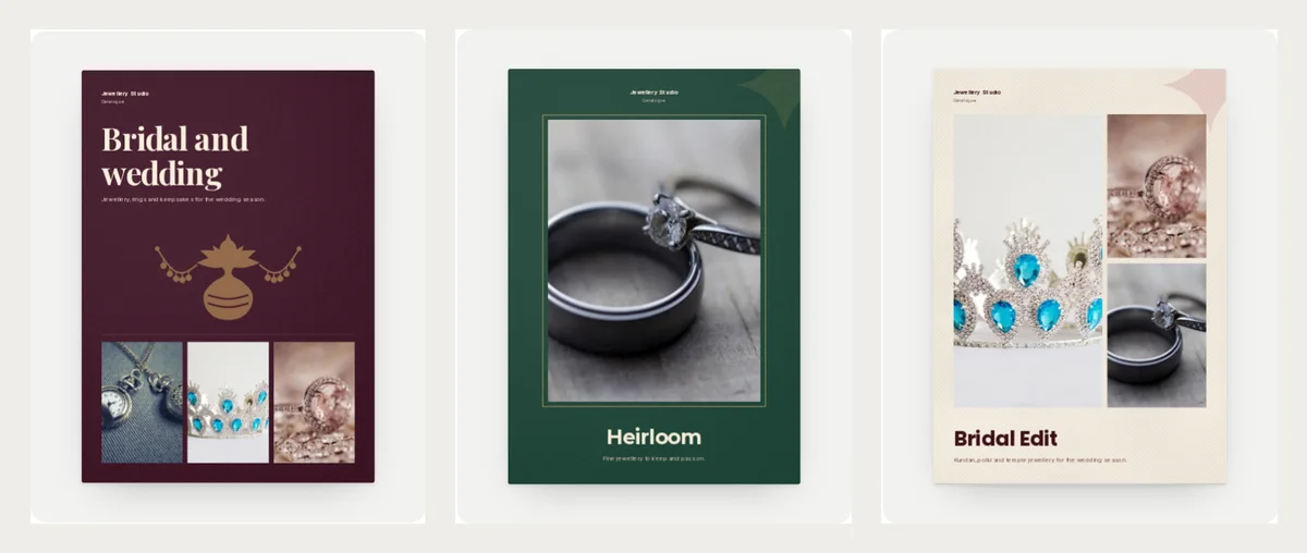 Three finished jewellery catalogue covers side by side: Shaadi in deep plum with a gold kalash, Heirloom in forest green with a ring in a frame, and Kundan House in cream with a tiara and rings