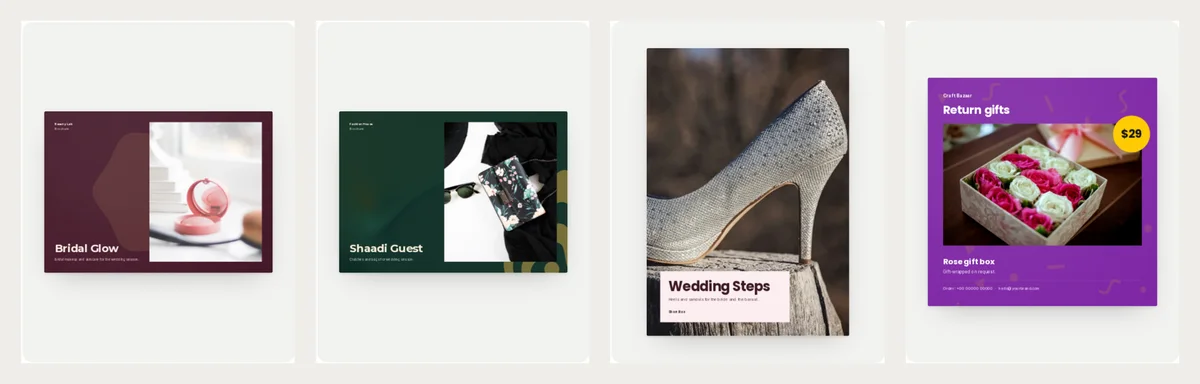 Four more wedding covers: Bridal Glow with a pink compact, Shaadi Guest with a clutch bag and sunglasses, Wedding Steps with a sparkly high heel, and Return Gifts with a box of roses and a $29 badge