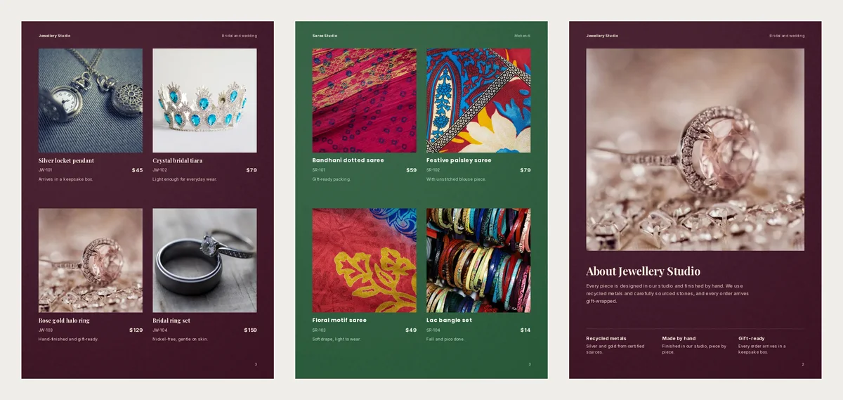 Three finished inside pages: a plum jewellery page with four items and prices, a green saree page with four sarees and prices, and a jewellery about page
