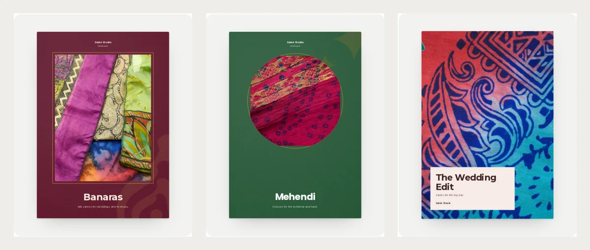 Three saree covers: Banaras in maroon with folded silk sarees, Mehendi in green with a round photo of pink fabric, and The Wedding Edit with a blue and red printed fabric