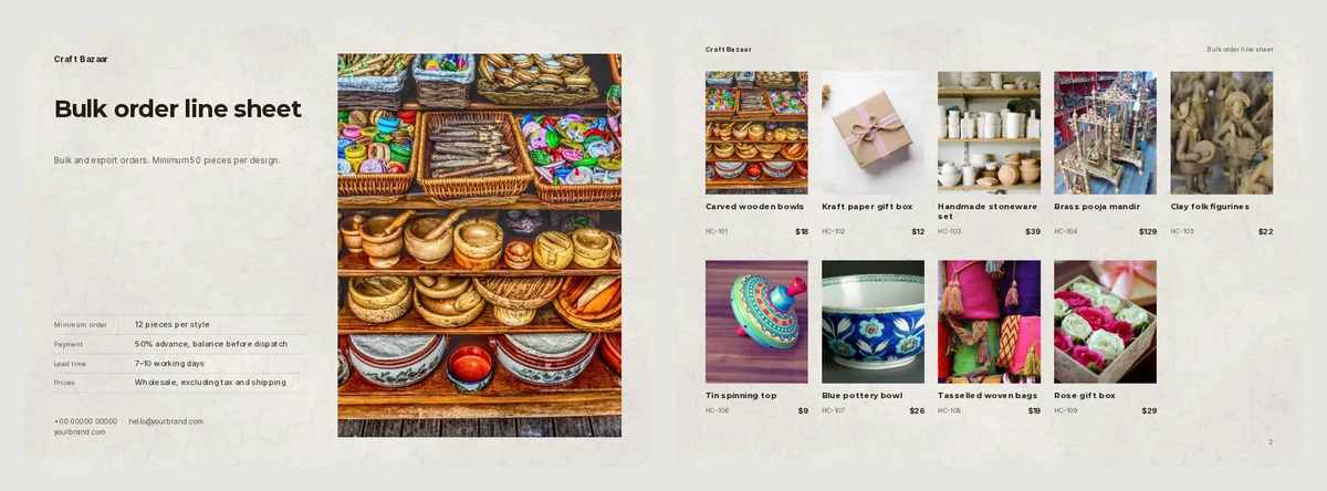 A finished line sheet for Craft Bazaar: a cover page with a table of trade terms and a photo of wooden bowls and pottery, and a product page with nine handicrafts, each with a name, a code like HC-104 and a price in dollars