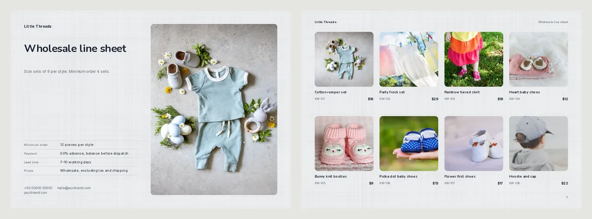 A finished kids' wear line sheet for Little Threads: a cover page with a baby outfit photo and trade terms, and a product page with eight items such as a romper set and baby shoes, each with a code and a wholesale price