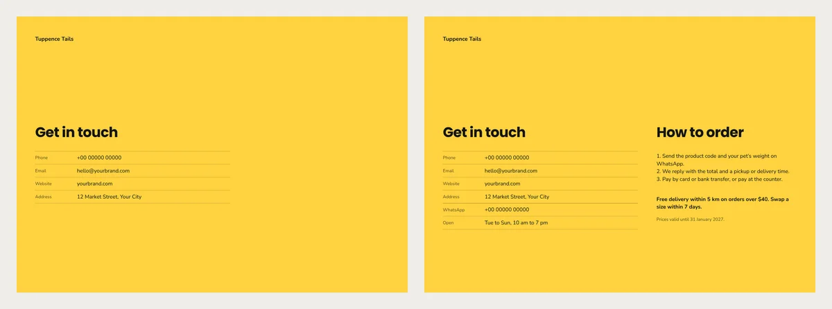 The same yellow brochure back page twice. Left: only Get in touch with phone, email, website and address. Right: the same rows plus WhatsApp and opening hours, and a How to order column with three steps, a delivery note and the date prices end