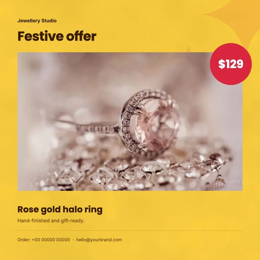 A square jewellery flyer with one ring, a large price badge and ordering details.