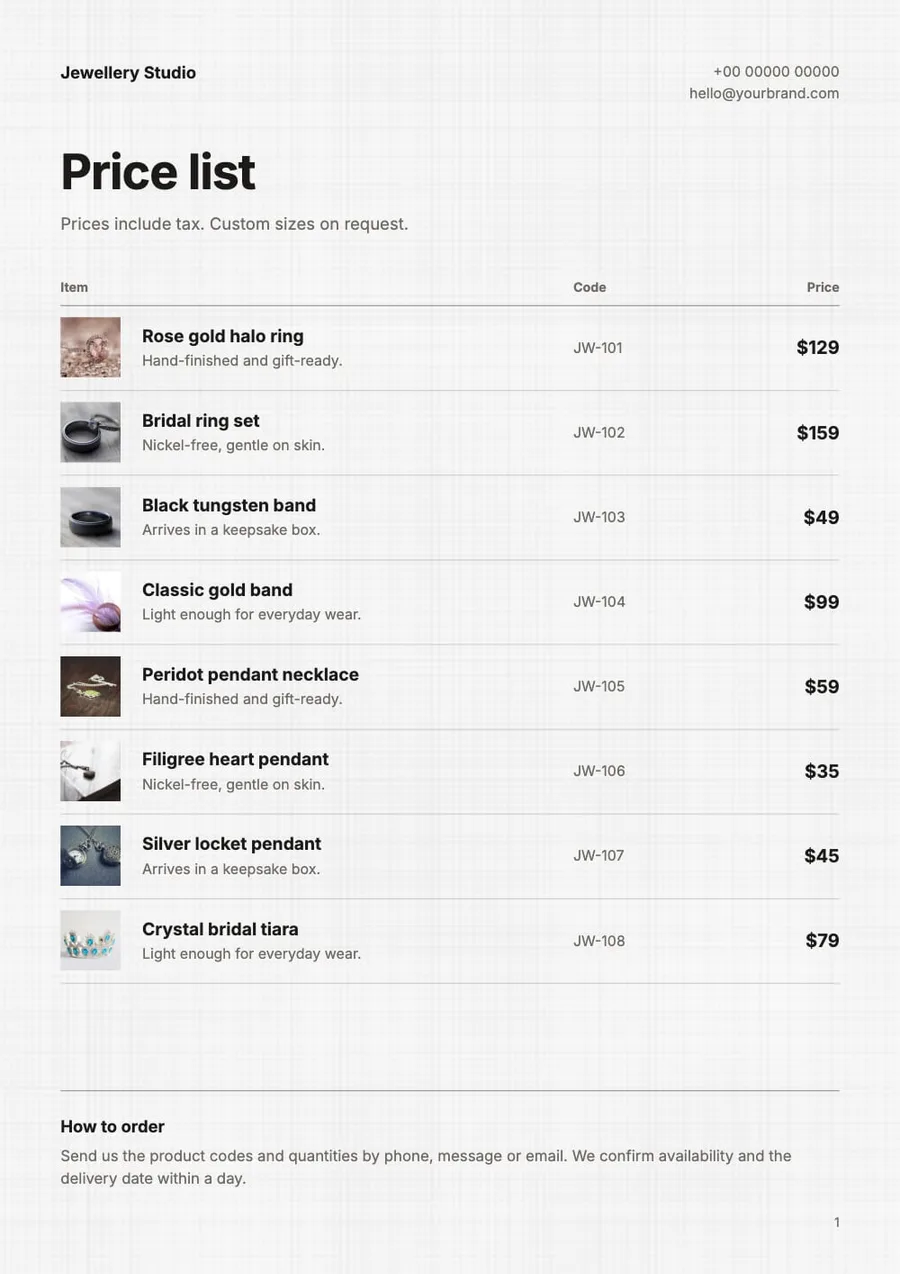 A jewellery price list with product photos, names, codes and prices in tidy rows.