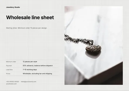 A wholesale line sheet cover with ordering terms and a pendant photo