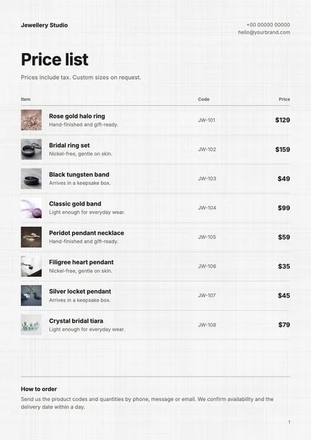 A price list with jewellery photos, codes and prices