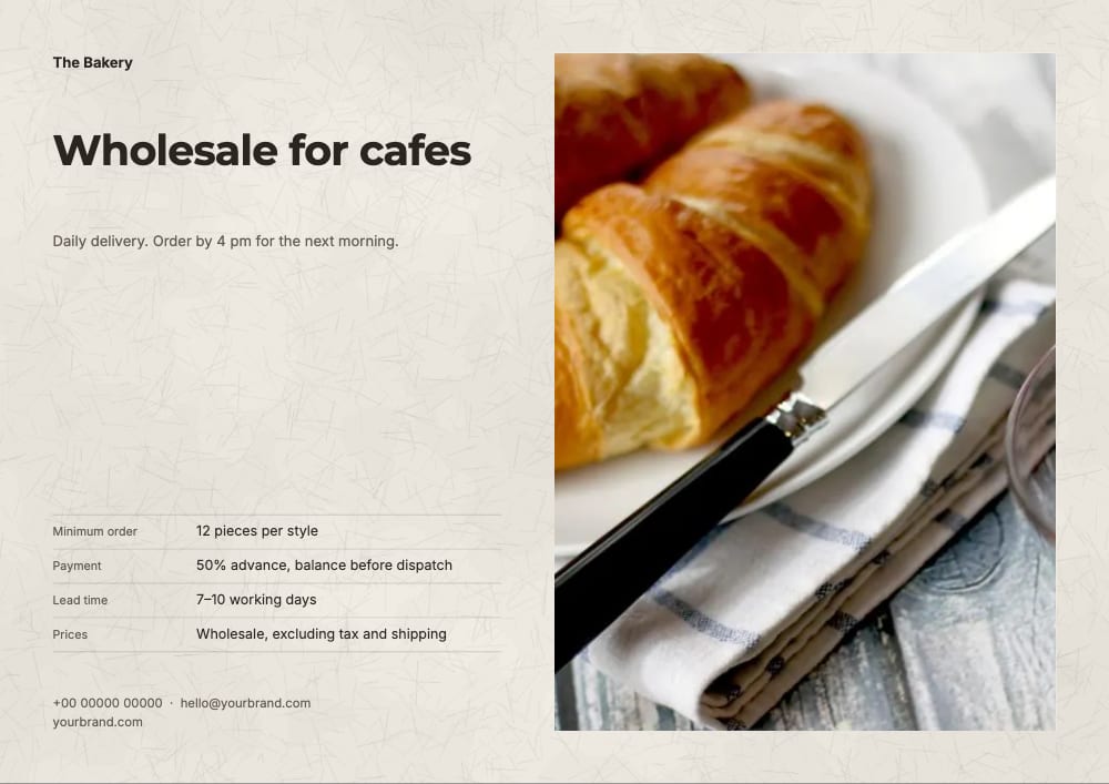 Cover of the Café Wholesale bakery & cafe line sheet template