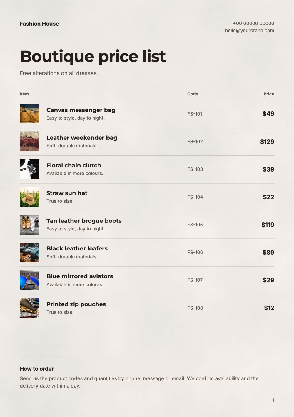 Cover of the Boutique fashion & accessories price list template