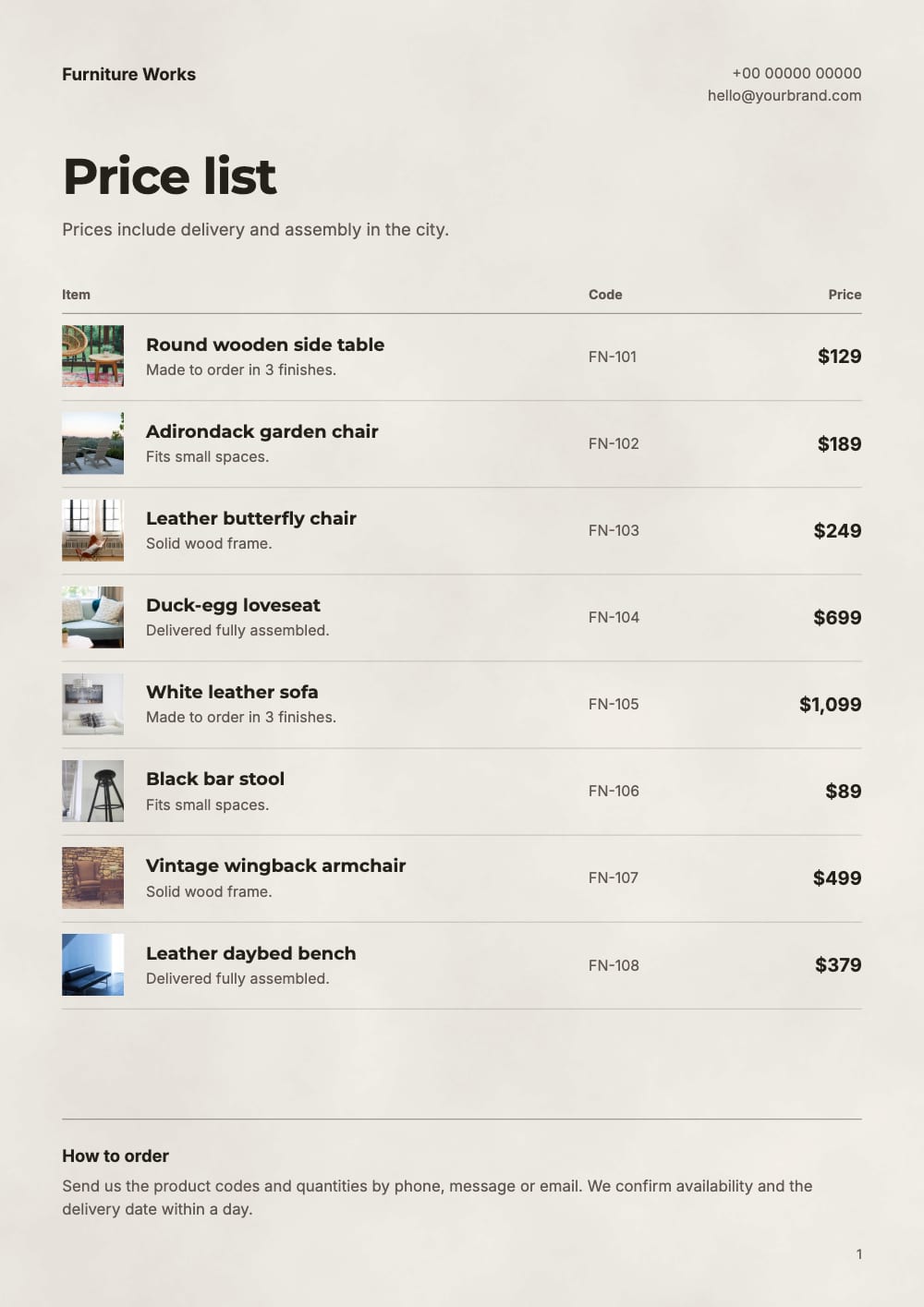 Cover of the Made to Order furniture price list template