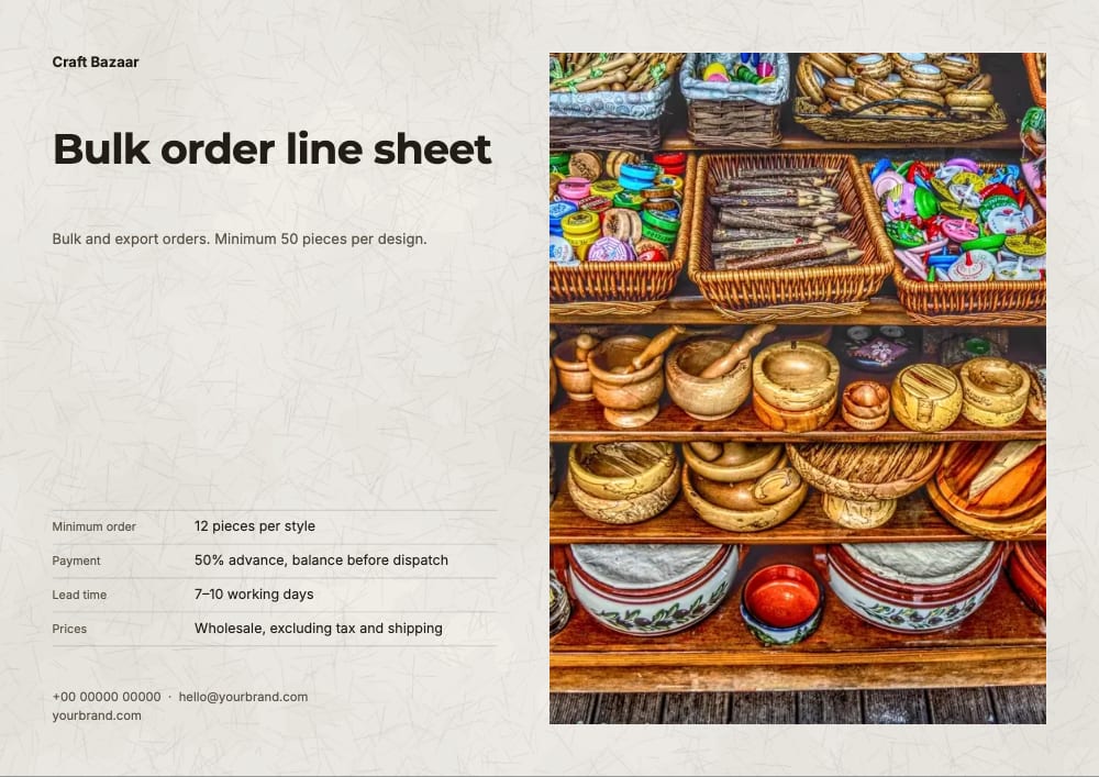 Cover of the Export Sheet handicrafts & gifts line sheet template