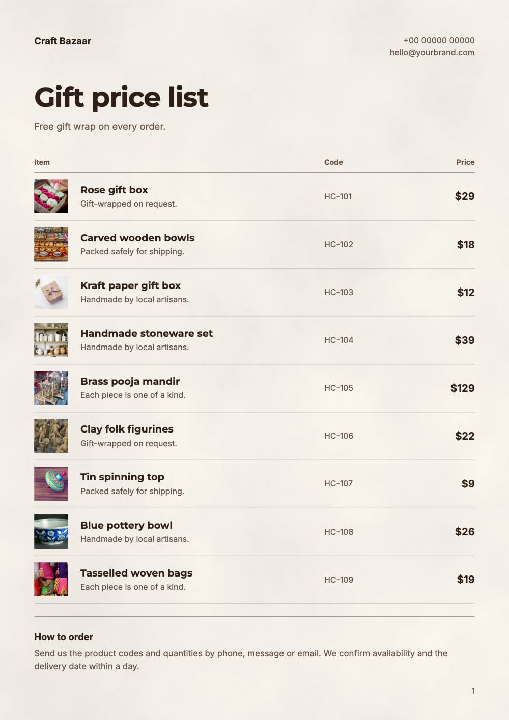 Cover of the Gift Price List handicrafts & gifts price list template