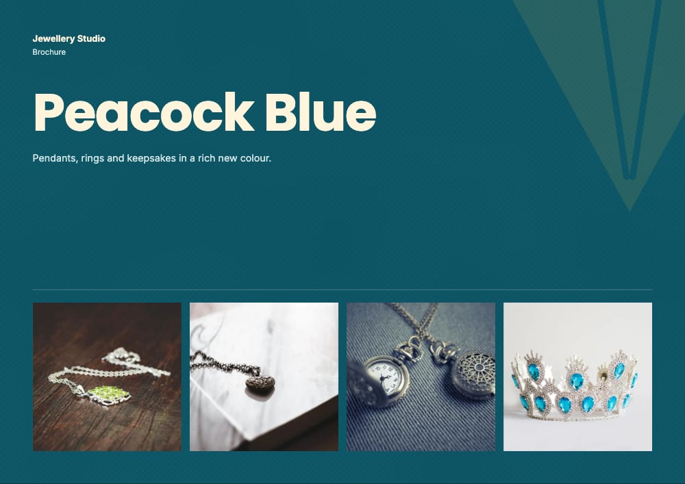 Cover of the Peacock Blue jewellery brochure template