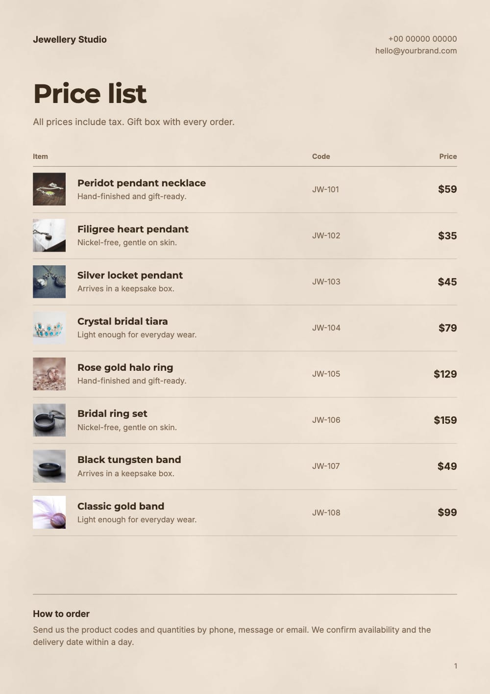 Cover of the Champagne jewellery price list template