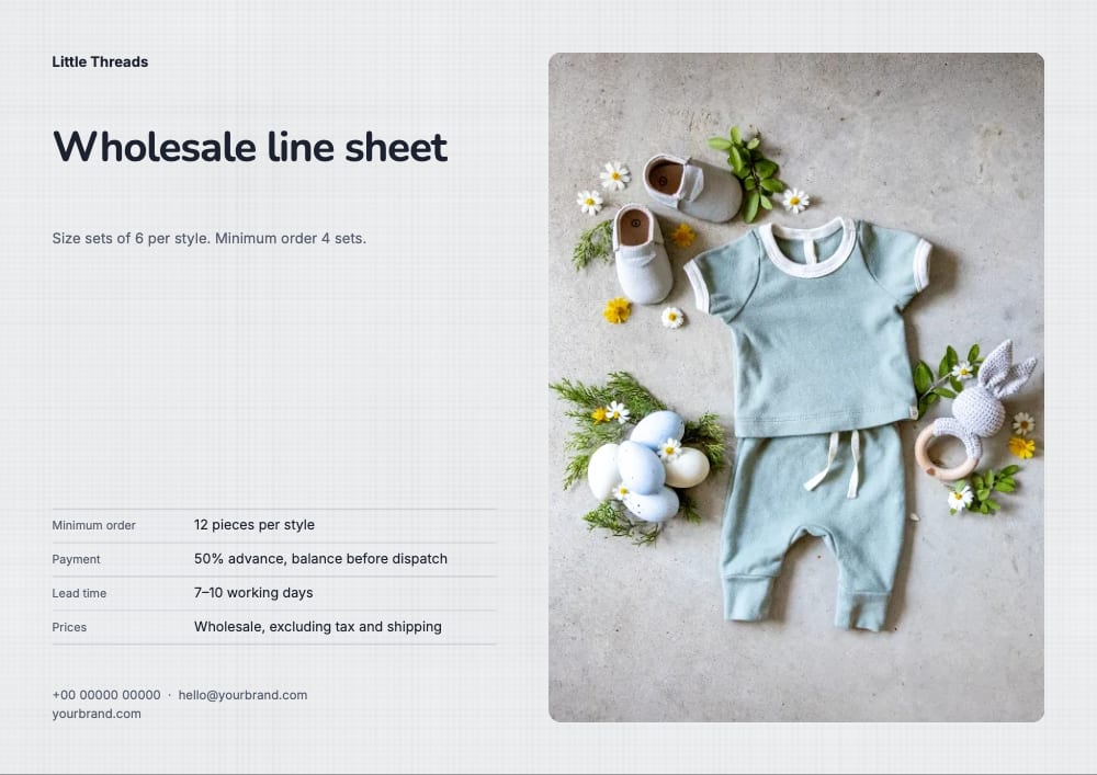 Cover of the Size Run kids’ wear line sheet template